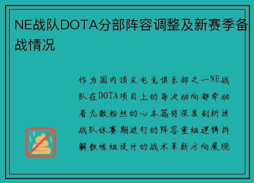 NE战队DOTA分部阵容调整及新赛季备战情况